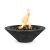 Cazo Woodgrain fire bowl in deep ebony finish, handcrafted from durable GFRC concrete with realistic wood texture, glowing with bright flames over black lava rock.