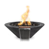 Ebony woodgrain Cazo fire and water bowl handcrafted from durable GFRC concrete, featuring vibrant flames and flowing water against a crisp studio backdrop.