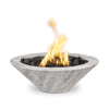 Ivory Cazo Woodgrain GFRC fire bowl with lifelike woodgrain texture, filled with black lava rock and producing vibrant golden flames for timeless outdoor style.