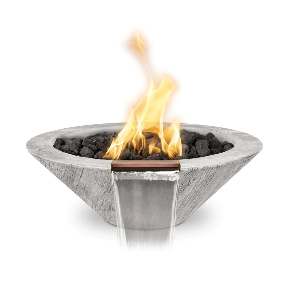 Ivory woodgrain GFRC Cazo fire and water bowl from The Outdoor Plus with natural lava rocks and cascading waterfall, shown on a clean white background.