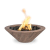 Cazo Woodgrain GFRC fire bowl in warm oak finish, featuring a rustic wood-inspired design with dancing flames over lava rock for a natural yet modern look.