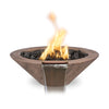 Oak-toned Cazo fire and water bowl in a realistic woodgrain GFRC finish, showcasing lively flames and tranquil water flow on a white background.