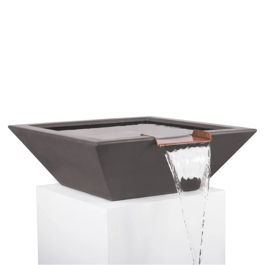 Chestnut brown Maya Water Bowl with copper spillway, blending earthy tones and modern lines to enhance outdoor pools and fountains.