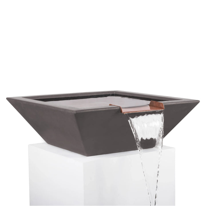 Chestnut brown Maya Water Bowl with copper spillway, blending earthy tones and modern lines to enhance outdoor pools and fountains.