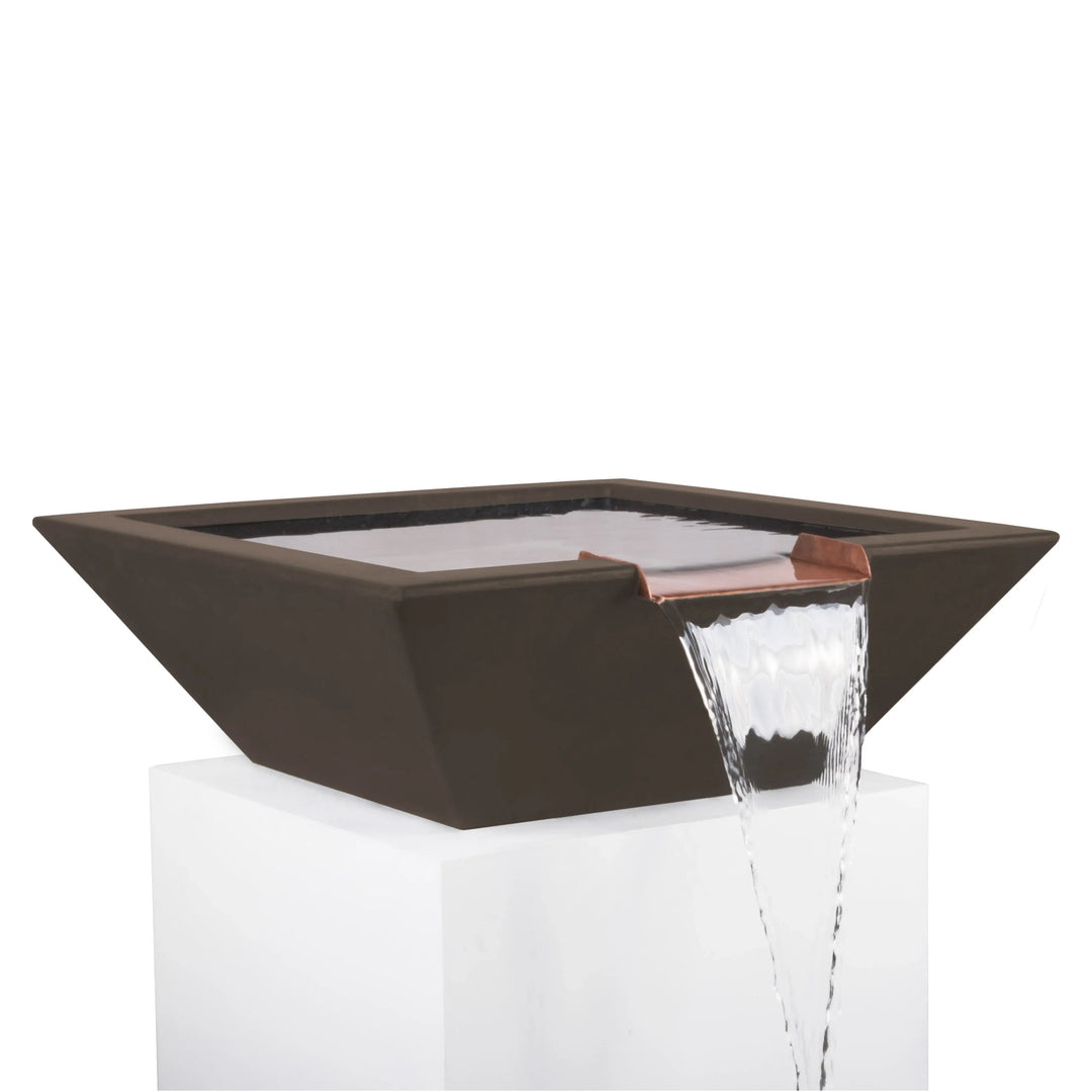 Rich chocolate-finished Maya Water Bowl with a copper scupper, delivering a warm, stylish waterfall accent for pool or landscape design.