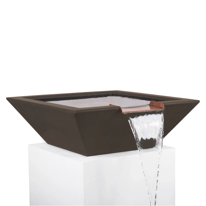 Rich chocolate-finished Maya Water Bowl with a copper scupper, delivering a warm, stylish waterfall accent for pool or landscape design.