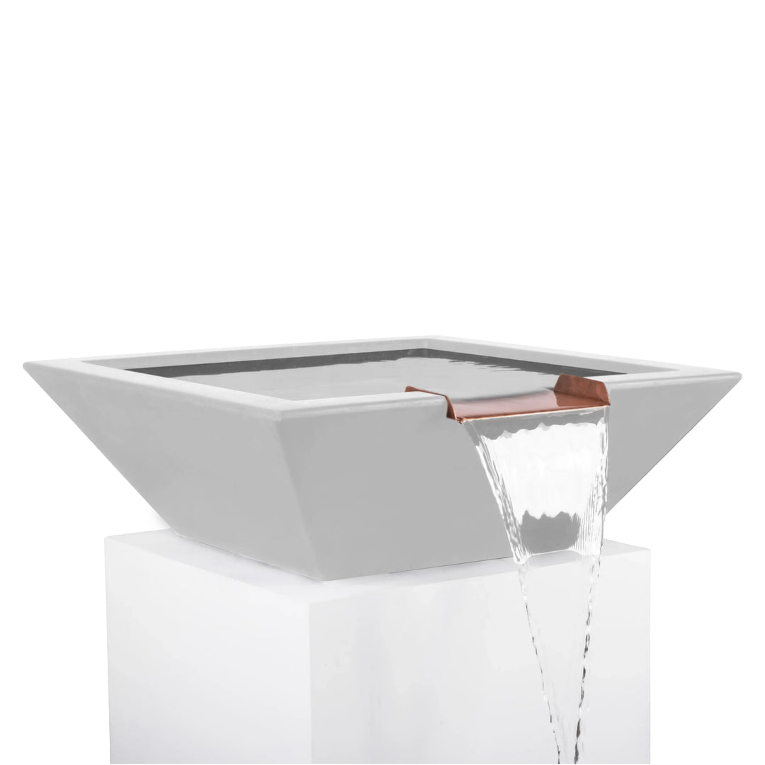 Light limestone Maya Water Bowl with copper waterfall spillway, offering a natural yet modern touch for poolside elegance.