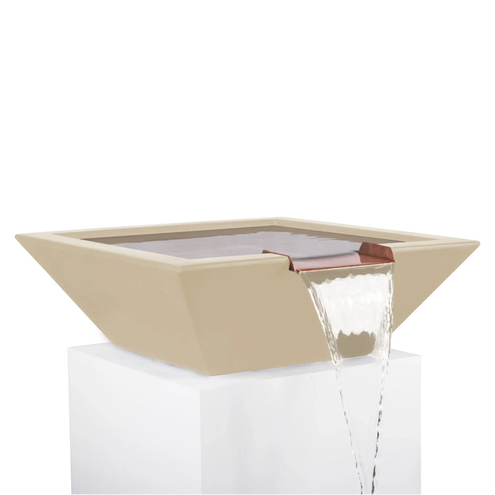 Elegant Maya Water Bowl in soft vanilla tone, featuring a copper scupper for a clean waterfall effect—ideal for luxury outdoor spaces.