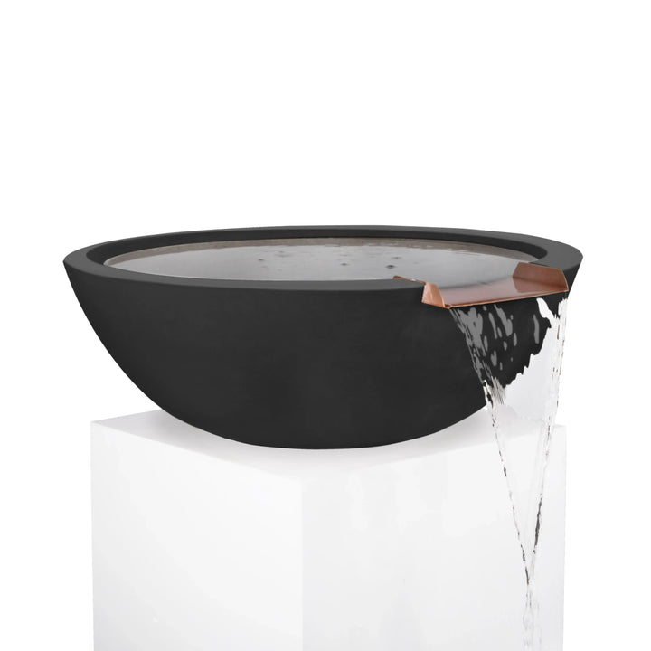 Bold black Sedona water bowl with copper scupper, offering a sleek modern look and cascading water feature for outdoor designs.