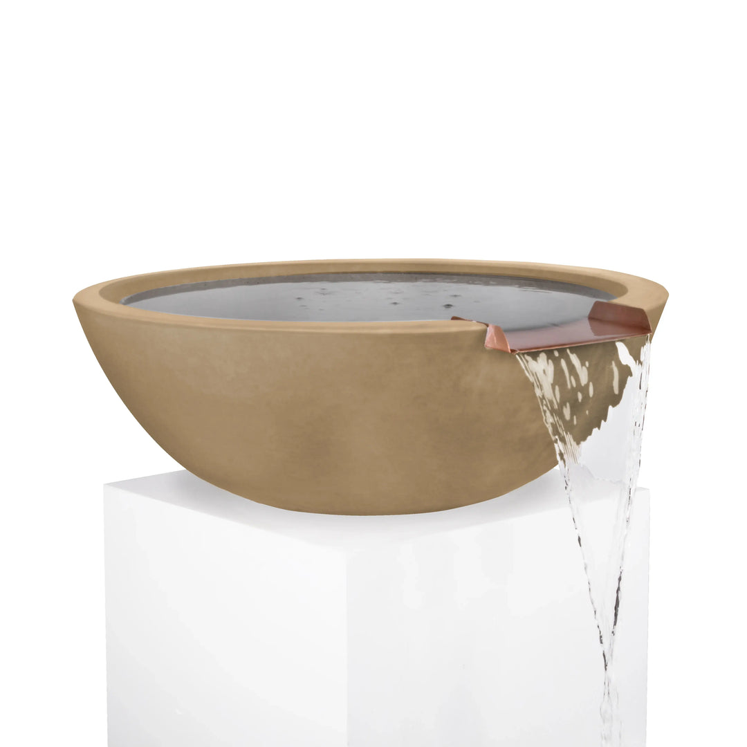 Classic brown Sedona water bowl with copper scupper, designed for modern backyard pools and soothing outdoor water features.