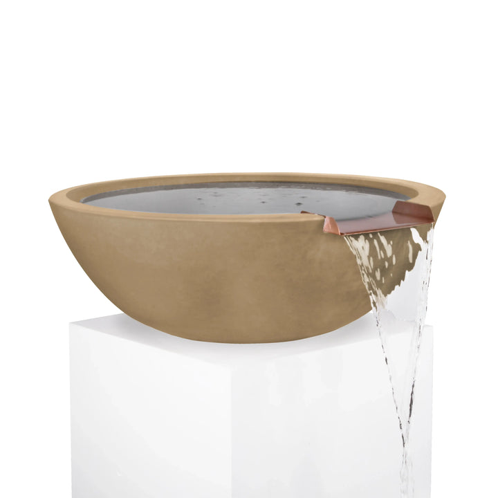 Classic brown Sedona water bowl with copper scupper, designed for modern backyard pools and soothing outdoor water features.
