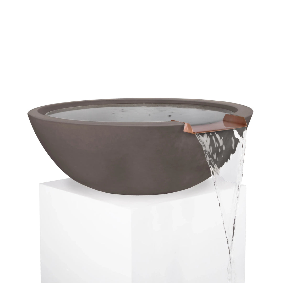 Chestnut Sedona water bowl with copper spillway, showcasing warm earthy tones and a flowing waterfall effect for pools and landscapes.
