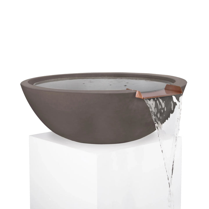 Chestnut Sedona water bowl with copper spillway, showcasing warm earthy tones and a flowing waterfall effect for pools and landscapes.