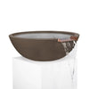 Sedona round water bowl in a rich chocolate finish with copper spillway, creating a smooth waterfall effect for pools and outdoor spaces.