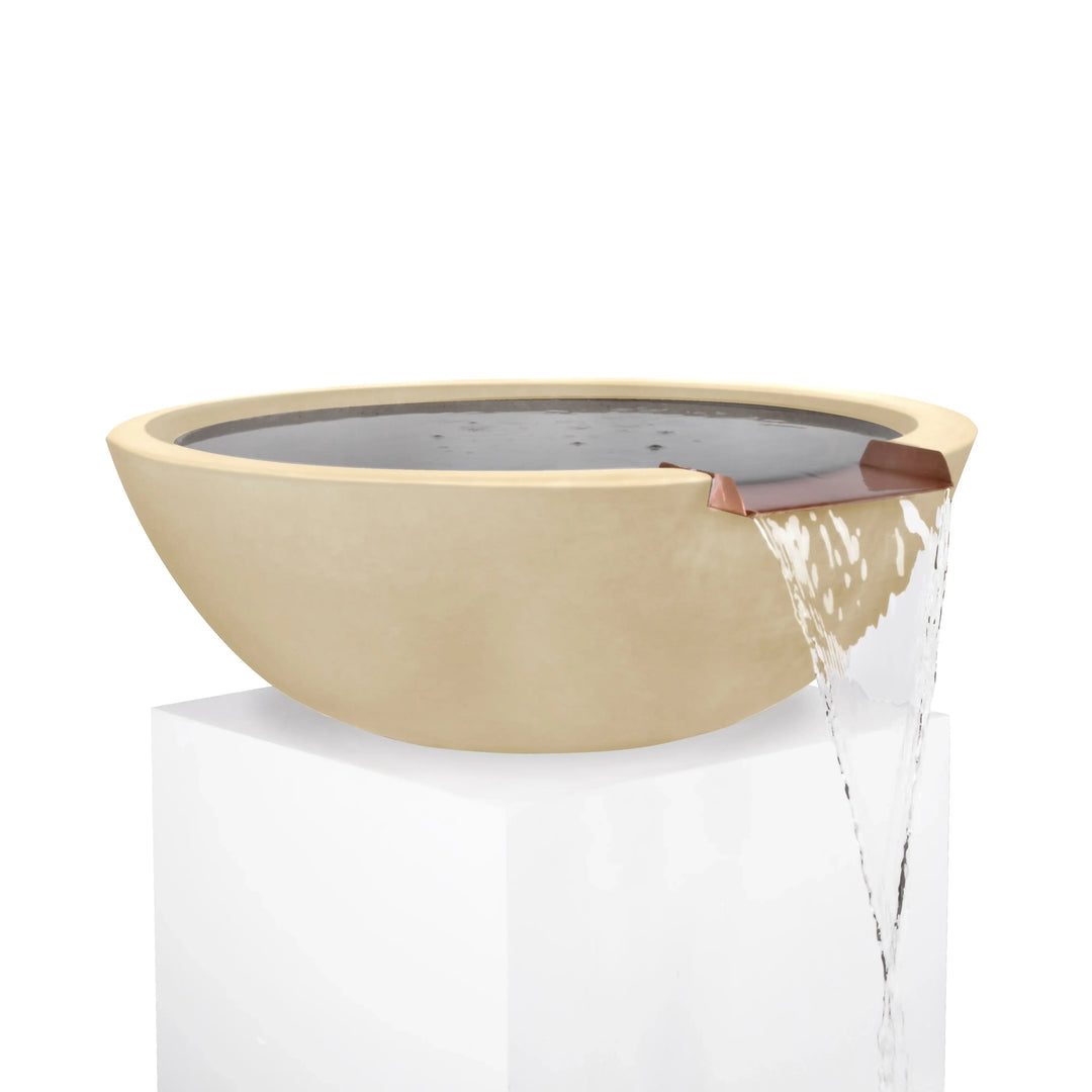Elegant vanilla Sedona water bowl with copper scupper, designed for smooth waterfalls and stylish outdoor water features.