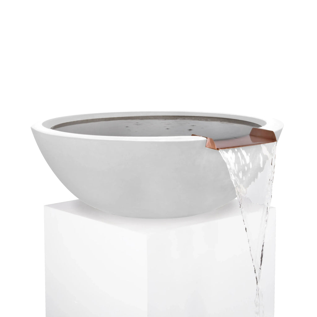 Sedona water bowl in white limestone finish with copper spillway, adding a clean and contemporary touch to luxury pool settings.