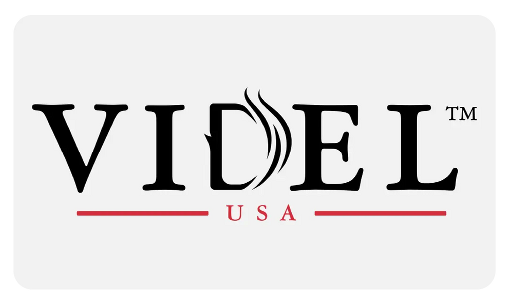 Videl Grills logo on white background on gray rectangle