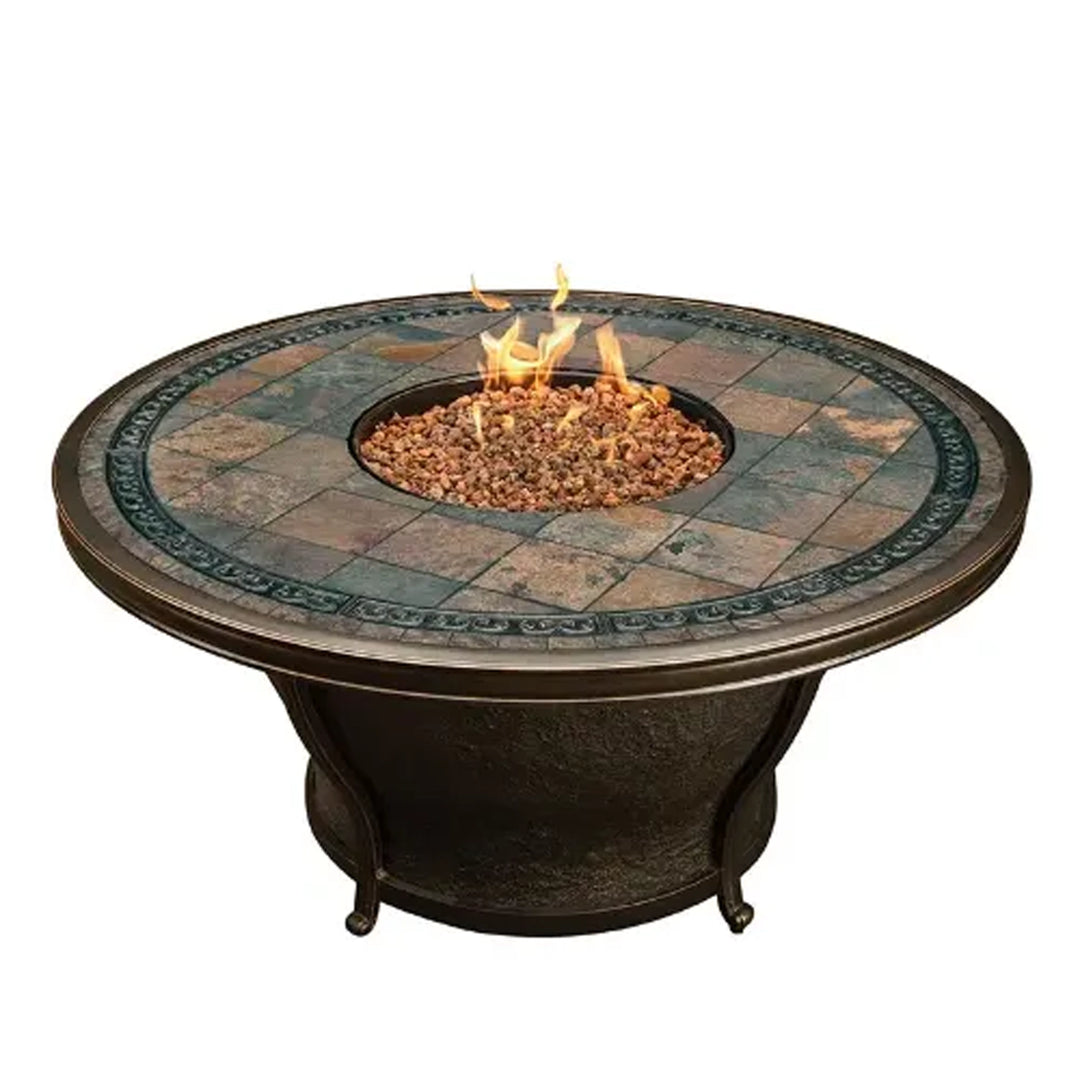 Round fire pit table with a decorative tiled top and a central burner filled with lava rocks, offering a stylish and functional addition to outdoor living spaces