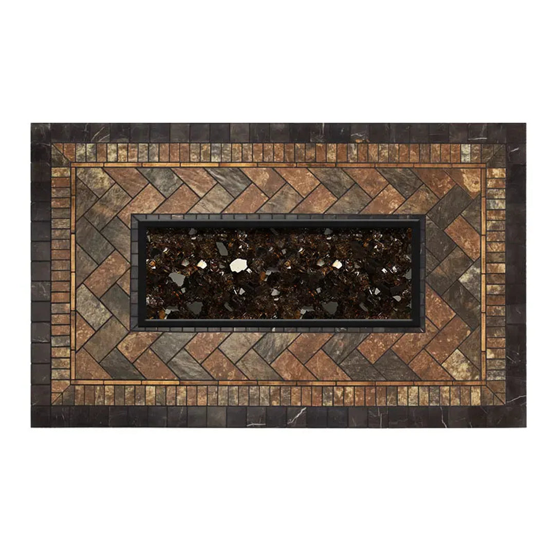 Top-down view of a rectangular fire pit table with a herringbone stone-patterned tabletop and a central fire glass burner, ideal for stylish outdoor living spaces