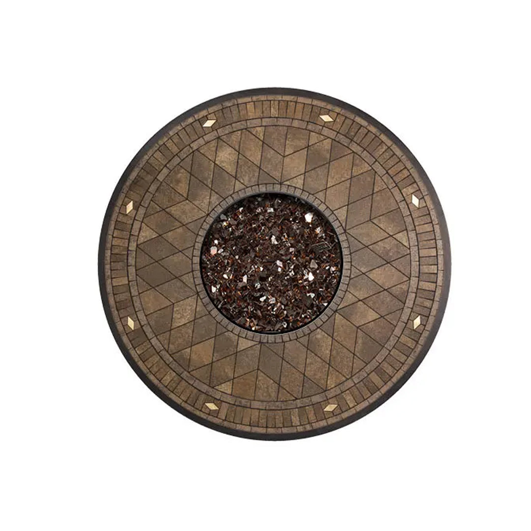 Top-down view of a round fire pit table featuring a geometric stone-patterned tabletop with a central circular fire glass burner, ideal for adding elegance to outdoor settings