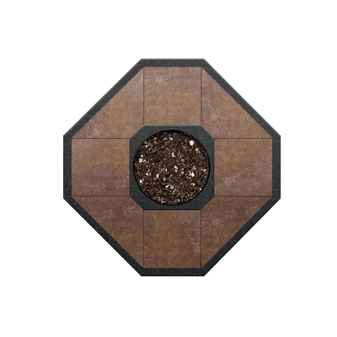 Top-down view of an octagonal fire pit table featuring a central burner filled with fire glass, surrounded by a stone-like tabletop, perfect for outdoor gatherings.