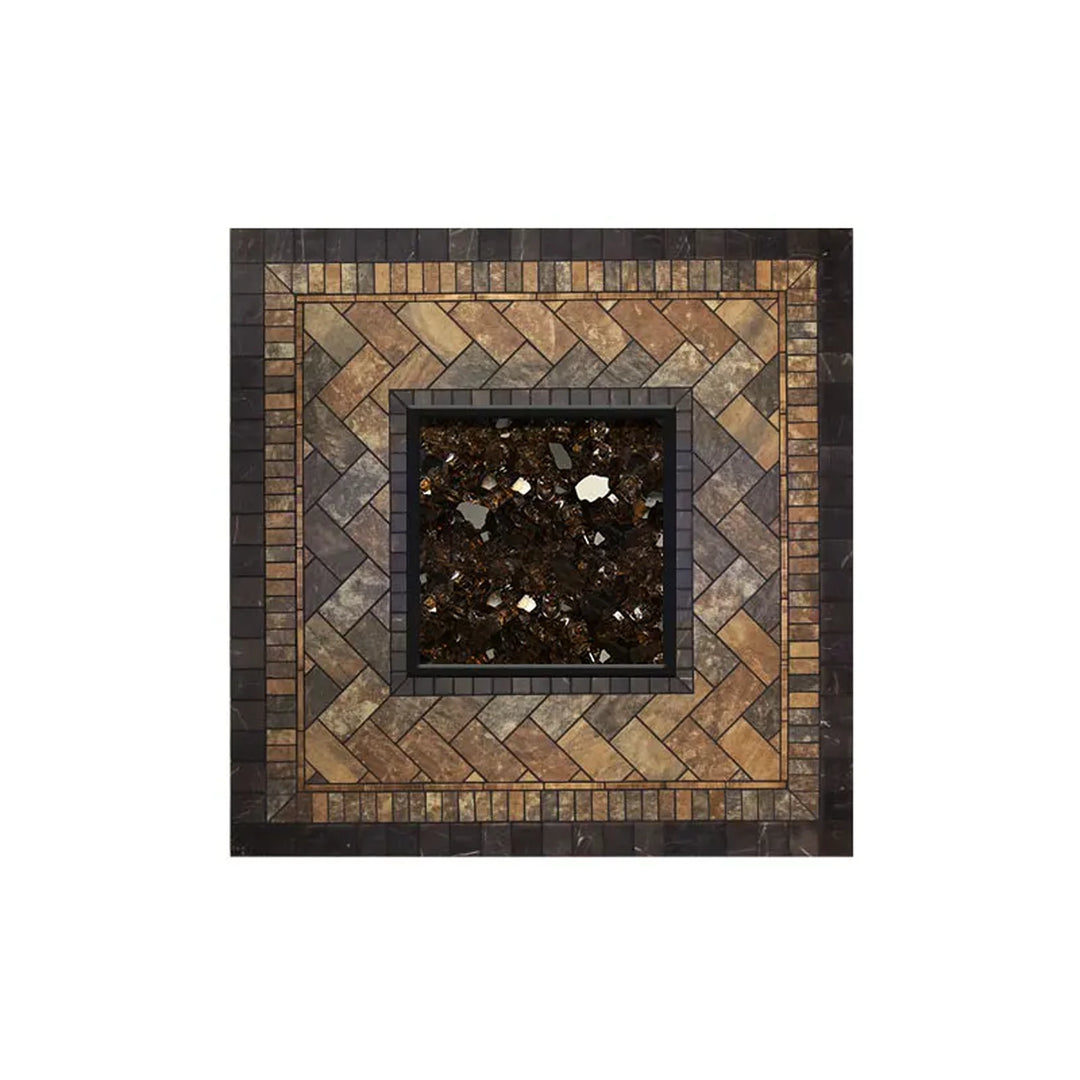 Top-down view of a square fire pit table featuring a herringbone stone-patterned tabletop with a central square fire glass burner, perfect for enhancing outdoor spaces.