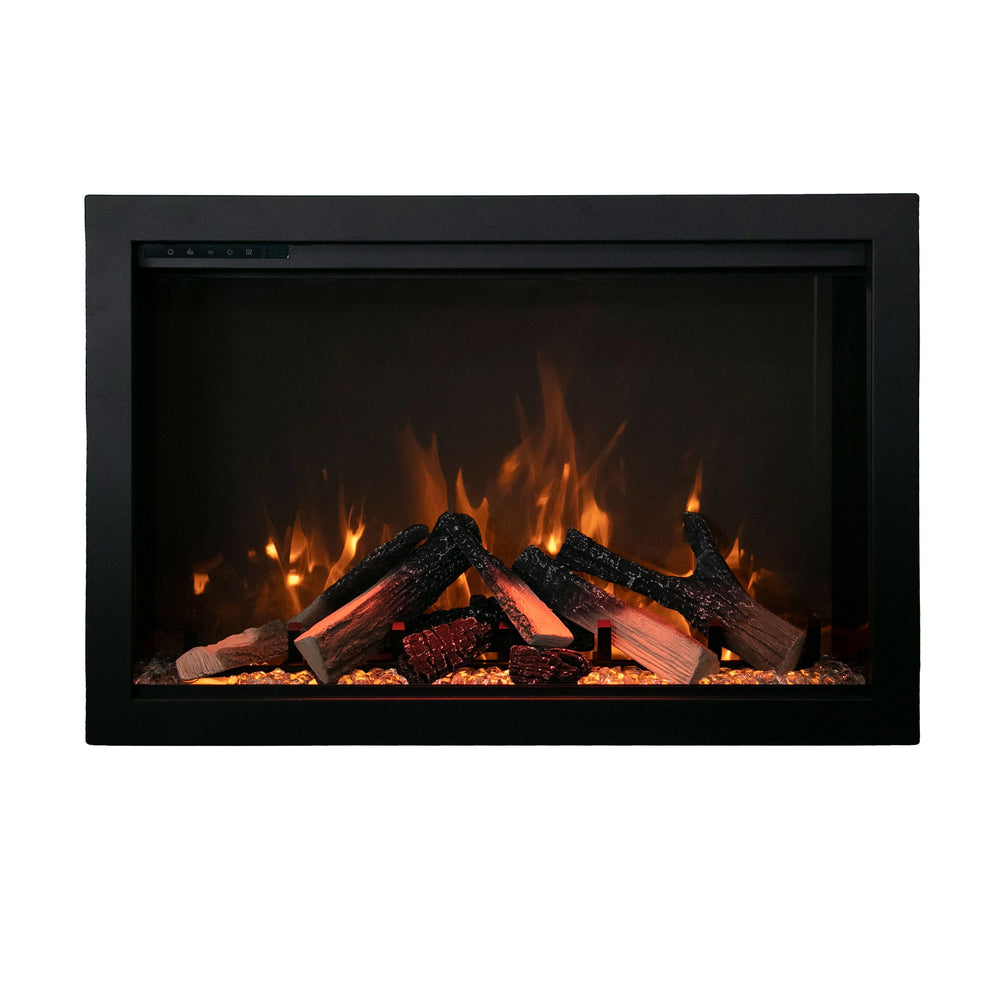 The Amantii Traditional Bespoke Smart Electric Fireplace featuring lifelike charred logs and glowing ember bed. The black-framed fireplace delivers an authentic wood-burning aesthetic with adjustable flame intensity, perfect for adding warmth and style to a cozy living space.