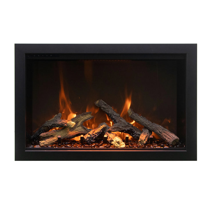 A detailed view of the Amantii Traditional Bespoke Smart Electric Fireplace showcasing glowing embers and flickering flames. This elegant black-framed fireplace blends timeless design with modern smart features, including remote-controlled heat and flame settings for personalized comfort.