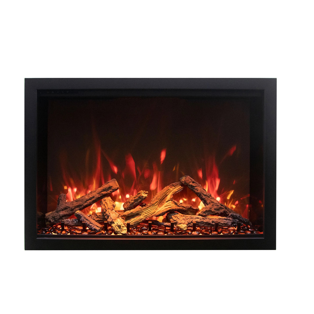 The Amantii Traditional Bespoke Smart Electric Fireplace with driftwood-style logs and vibrant orange flame display. Featuring a minimalist black frame, this electric fireplace combines realistic aesthetics and innovative heat settings, making it a standout addition to any room.