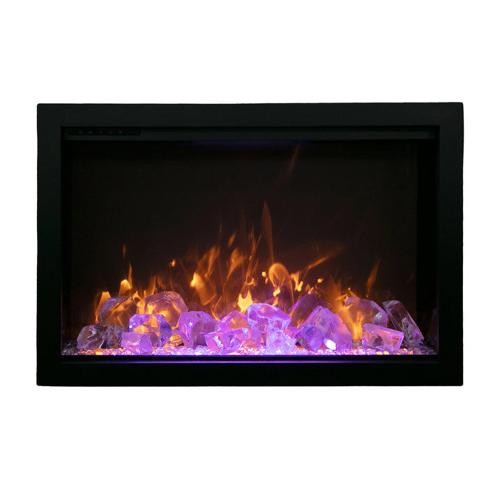 A close-up view of the Amantii Traditional Bespoke Smart Electric Fireplace showcasing vibrant purple glass ember bed with realistic flames. This sleek black-framed electric fireplace highlights energy-efficient LED flames, customizable ember settings, and a compact yet elegant traditional design. Ideal for modern homes and living rooms.