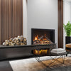 A sleek and sophisticated modern living room featuring the Amantii Traditional Bespoke Smart Electric Fireplace built into a dark wooden panel. Paired with contemporary furnishings and decor, it offers a striking visual appeal while providing efficient heating.