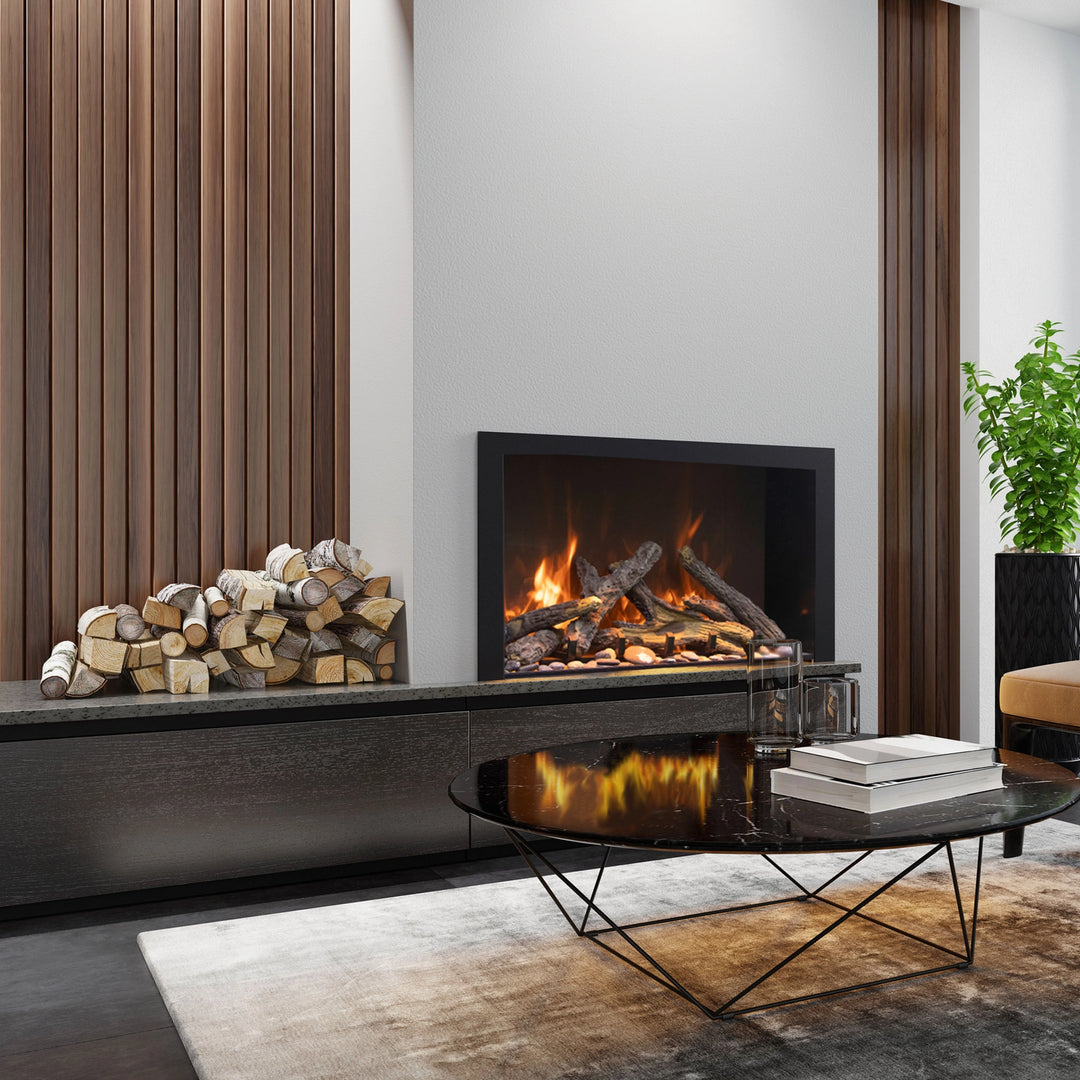 A sleek and sophisticated modern living room featuring the Amantii Traditional Bespoke Smart Electric Fireplace built into a dark wooden panel. Paired with contemporary furnishings and decor, it offers a striking visual appeal while providing efficient heating.