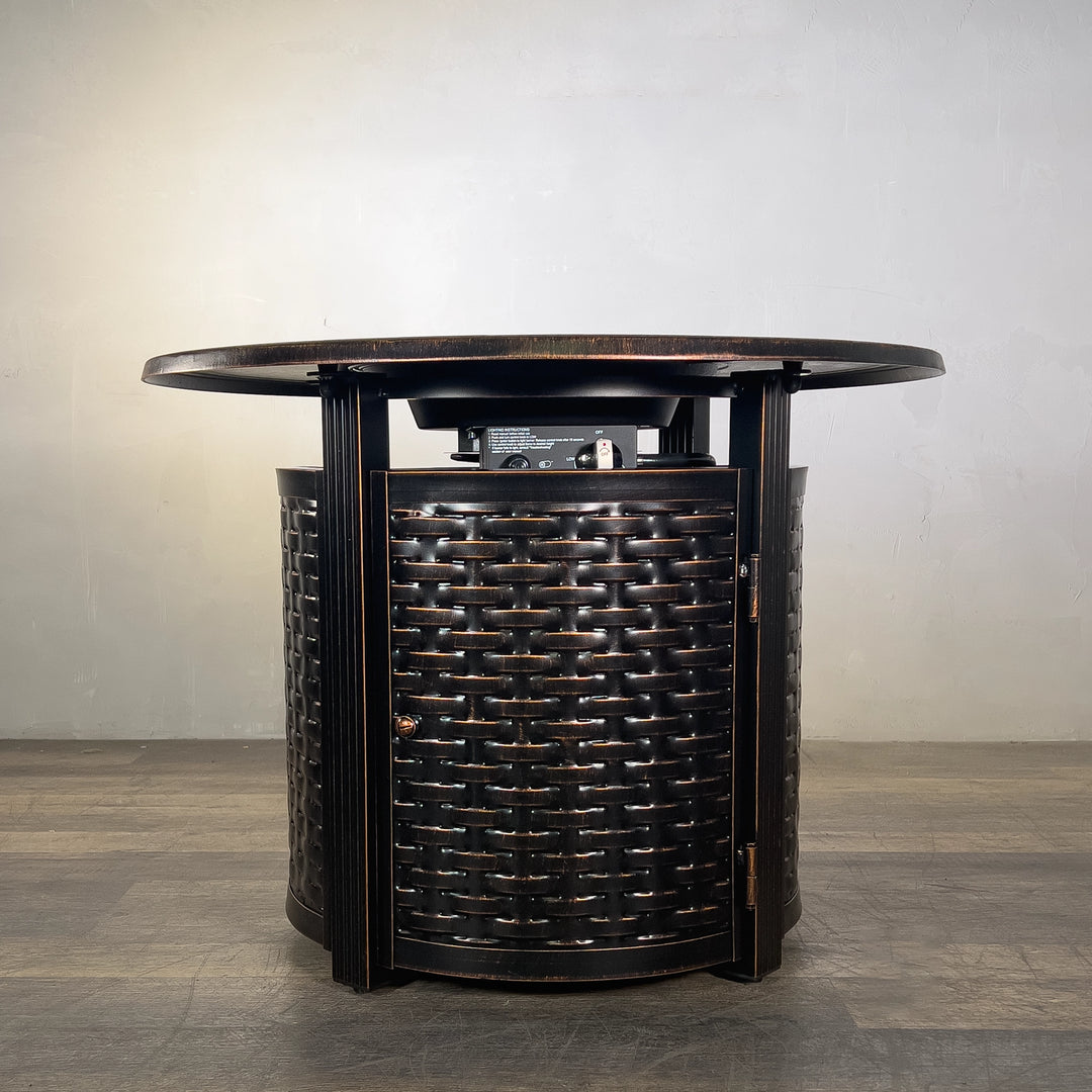 The Golden Flame Avalon 34” Round Cast Aluminum Natural Gas Fire Table highlights its discreetly hidden control panel for seamless flame adjustments. Designed for modern outdoor elegance and efficient functionality.