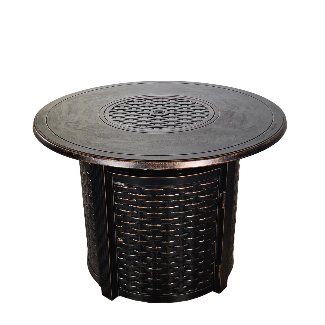 Side view of the Golden Flame Avalon 34” Round Cast Aluminum Natural Gas Fire Table, emphasizing its intricate woven design and compact elegance. A perfect centerpiece for patios and outdoor gatherings.