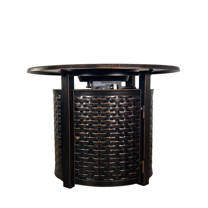 Front view of the Golden Flame Avalon 34” Round Cast Aluminum Fire Table, showcasing its sleek woven cast aluminum base and round tabletop, designed for both style and practicality in outdoor settings.