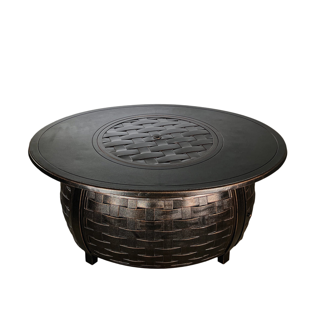 Top view of the Golden Flame Bel Air 48” Oval Cast Aluminum Natural Gas Fire Table featuring its smooth surface and detailed burner cover. Ideal for stylish outdoor gatherings with durable, weather-resistant craftsmanship.