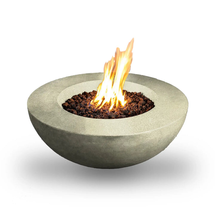 Stylish Beton 42-inch round concrete natural gas fire pit in sand color, with lava rocks and flames burning brightly, ideal for outdoor gatherings in a white background