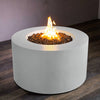 Front view of the Beton 42-inch white round concrete gas fire pit with access door, showcasing a smooth white concrete finish and a powerful flame emerging from the top. The fire pit is designed for natural gas and features lava rock for a clean, modern outdoor setup. Ideal for luxury outdoor spaces, the fire pit emphasizes durability and functionality