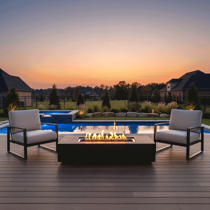 A low-profile concrete fire pit in a dark graphite finish anchors a wooden deck setting against a vibrant sunset. Yellow flames dance steadily over dark lava rocks within the rectangular fire pit, flanked by two modern armchairs. The scene highlights a luxurious backyard oasis featuring a swimming pool, illustrating how this outdoor entertaining centerpiece creates a warm atmosphere during twilight hours.