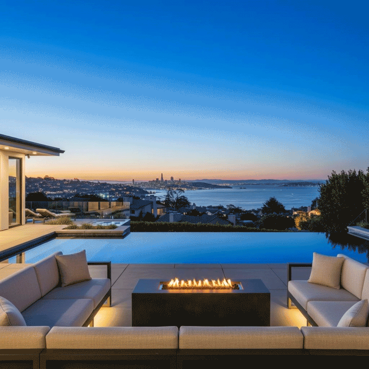 A luxury fire pit anchors a high-end terrace setting at twilight, positioned between large cushioned sofas and an infinity pool overlooking a bay and city skyline. The rectangular graphite fire table emits a warm glow that contrasts with the blue evening light, creating a sophisticated atmosphere for outdoor entertaining. Steady flames burn cleanly from the gas fire pit, enhancing the serene ambiance of this hillside estate.