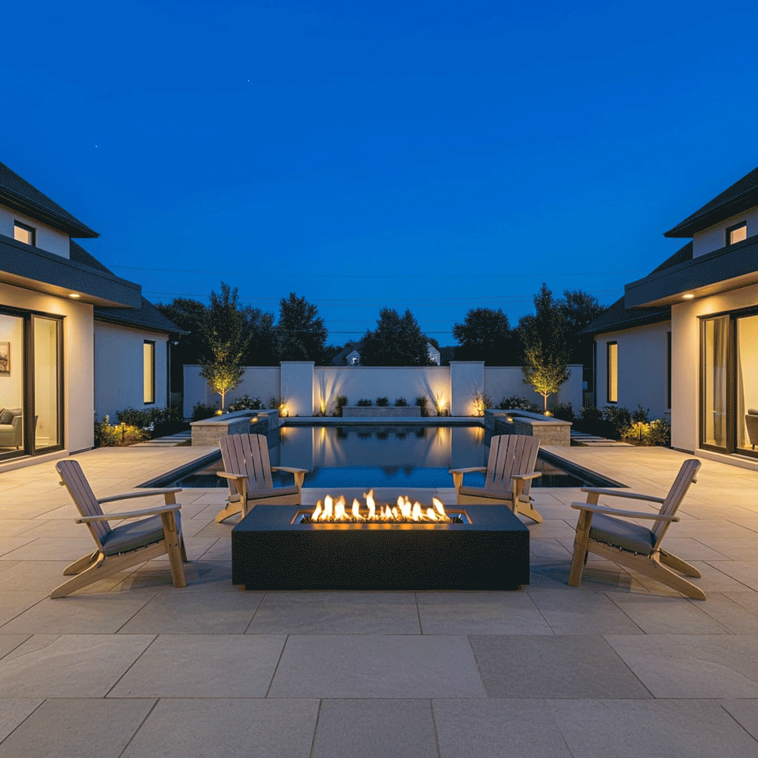 A symmetrical backyard fire pit area features a rectangular concrete fire pit positioned before a long swimming pool under a deep blue evening sky. Four wooden Adirondack chairs face the central fire feature, where steady flames burn cleanly, illustrating the benefits of a smokeless fire pit. The scene highlights the architectural balance and warm lighting of a modern residential courtyard at night.