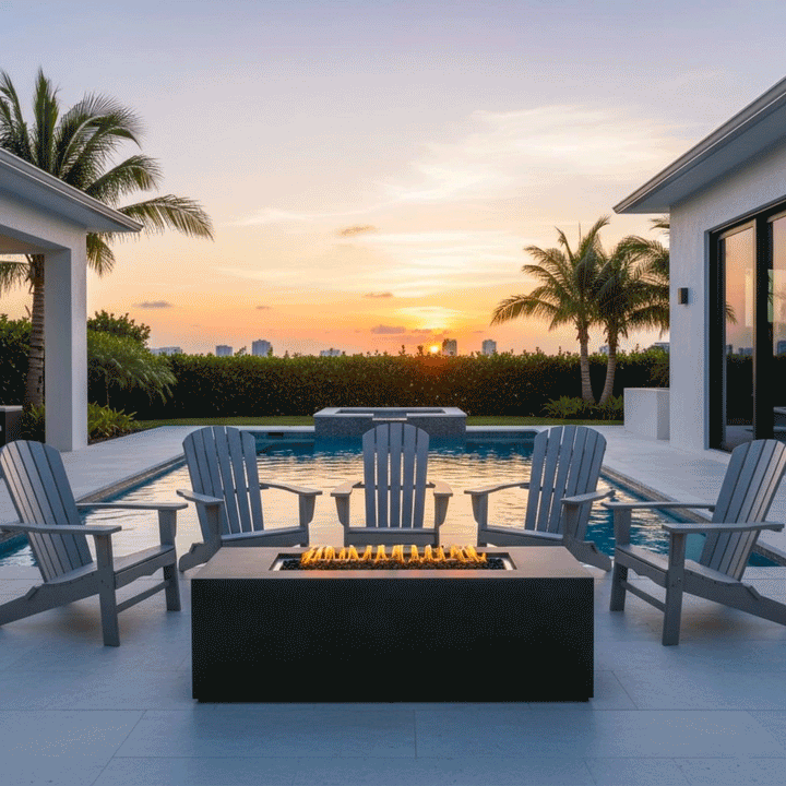 A rectangular fire pit with a graphite finish sits centrally on a paved pool deck, surrounded by four grey Adirondack chairs. The setting features palm trees and a vibrant sunset, creating an inviting space for a family gathering fire pit setup. Bright yellow flames rise from the fire feature, reflecting off the swimming pool water and demonstrating the unit's ability to anchor a tropical outdoor living space.
