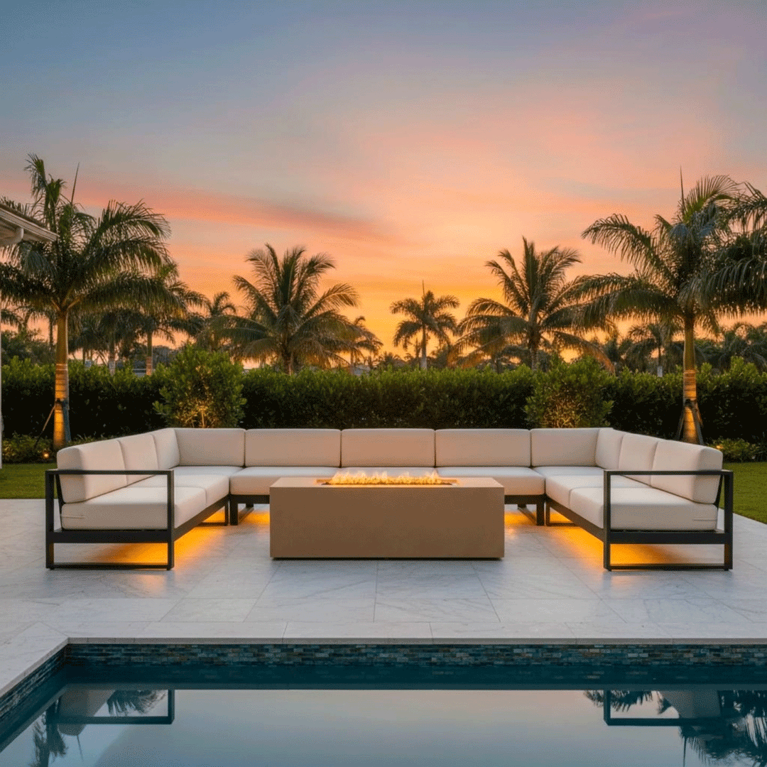 A modern fire pit with a sand finish serves as the focal point of a symmetrical backyard, positioned between two cushioned armchairs and a long swimming pool. The rectangular fire pit is framed by a manicured lawn and a large residence under a sunset sky. Clean flames illustrate the smokeless fire pit experience, enhancing the sleek profile of this gas fire pit against the water's reflection.