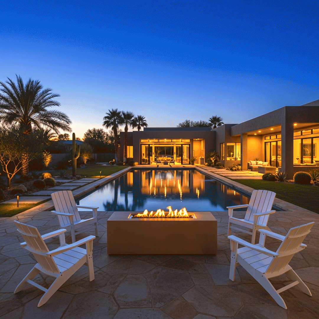 A propane fire pit in a warm sand tone sits on a flagstone patio surrounded by four white Adirondack chairs. The scene features a large swimming pool and a modern desert-style home illuminated at twilight. Steady flames from the fire feature create an inviting atmosphere for a family gathering fire pit setup, highlighting the geometric design of this backyard fire pit area.