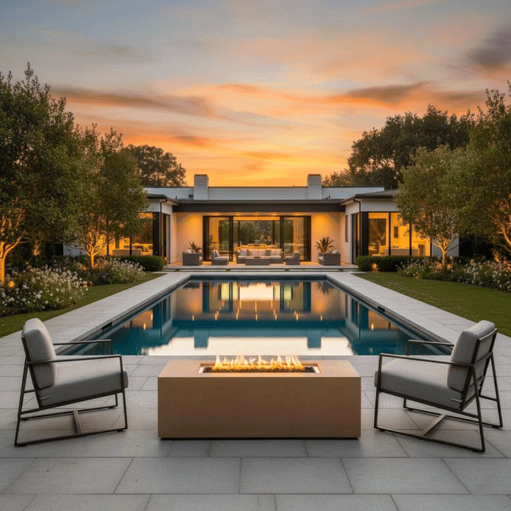 A luxury fire pit in a sand finish anchors a large U-shaped sectional sofa featuring under-seat lighting on a tropical paved deck. The setting features palm trees and a swimming pool against a vibrant sunset, creating a prime location for outdoor entertaining. The rectangular patio fire pit serves as the centerpiece of this backyard oasis, emitting a warm glow that complements the vibrant evening sky.