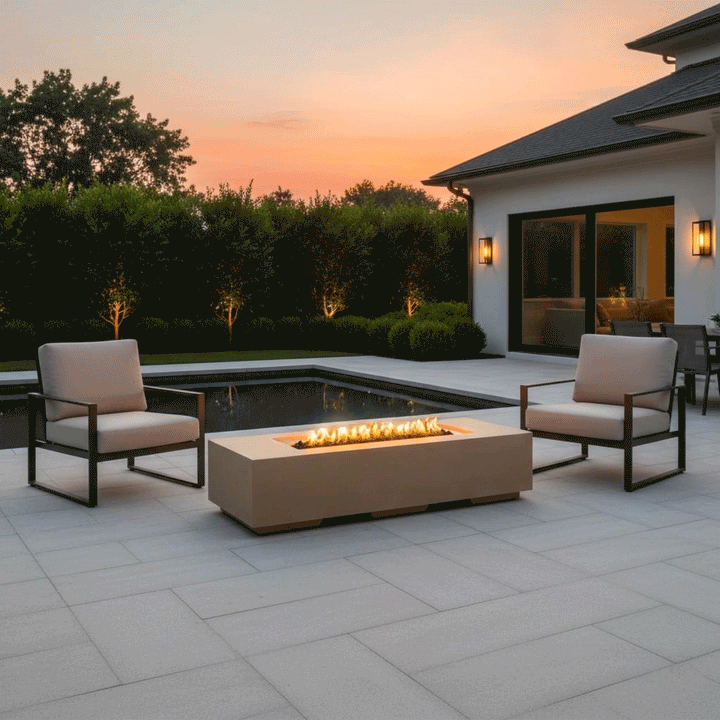 A backyard fire pit with a warm sand finish acts as the focal point of a paved residential patio, positioned between two metal-frame armchairs and a swimming pool. The rectangular fire table is illuminated by exterior wall sconces and a soft sunset glow. Steady amber flames flicker from the gas fire pit, demonstrating how this architectural fire feature enhances the aesthetic of a manicured outdoor living area.