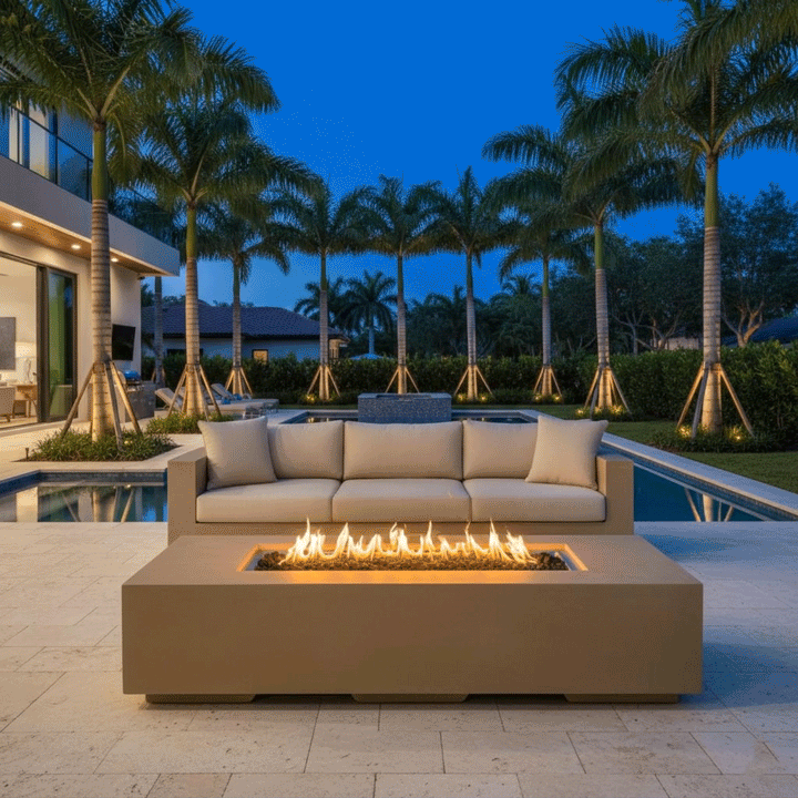 A sand-colored luxury fire pit anchors a tropical patio setting, positioned in front of a beige sofa under a row of towering palm trees. The steady flames illuminate the stone pavers, creating an inviting atmosphere for outdoor entertaining within this backyard oasis. The rectangular propane fire pit sits centrally between the seating area and a swimming pool, highlighting the warm ambiance of the outdoor living space at twilight.
