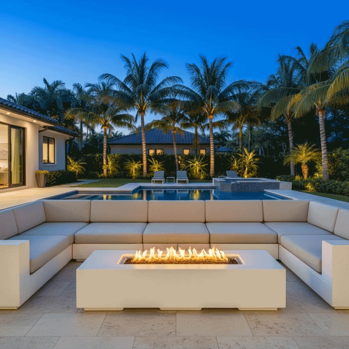 A long white concrete fire pit sits at the center of a U-shaped sectional sofa on a tiled patio, its continuous row of flames flickering above dark lava rocks as palm trees and landscaped greenery around the nearby pool glow with soft evening uplighting, depicting a modern fire pit arrangement that naturally becomes the focus of the outdoor fire pit seating zone, suited to relaxed outdoor entertaining and group gatherings.