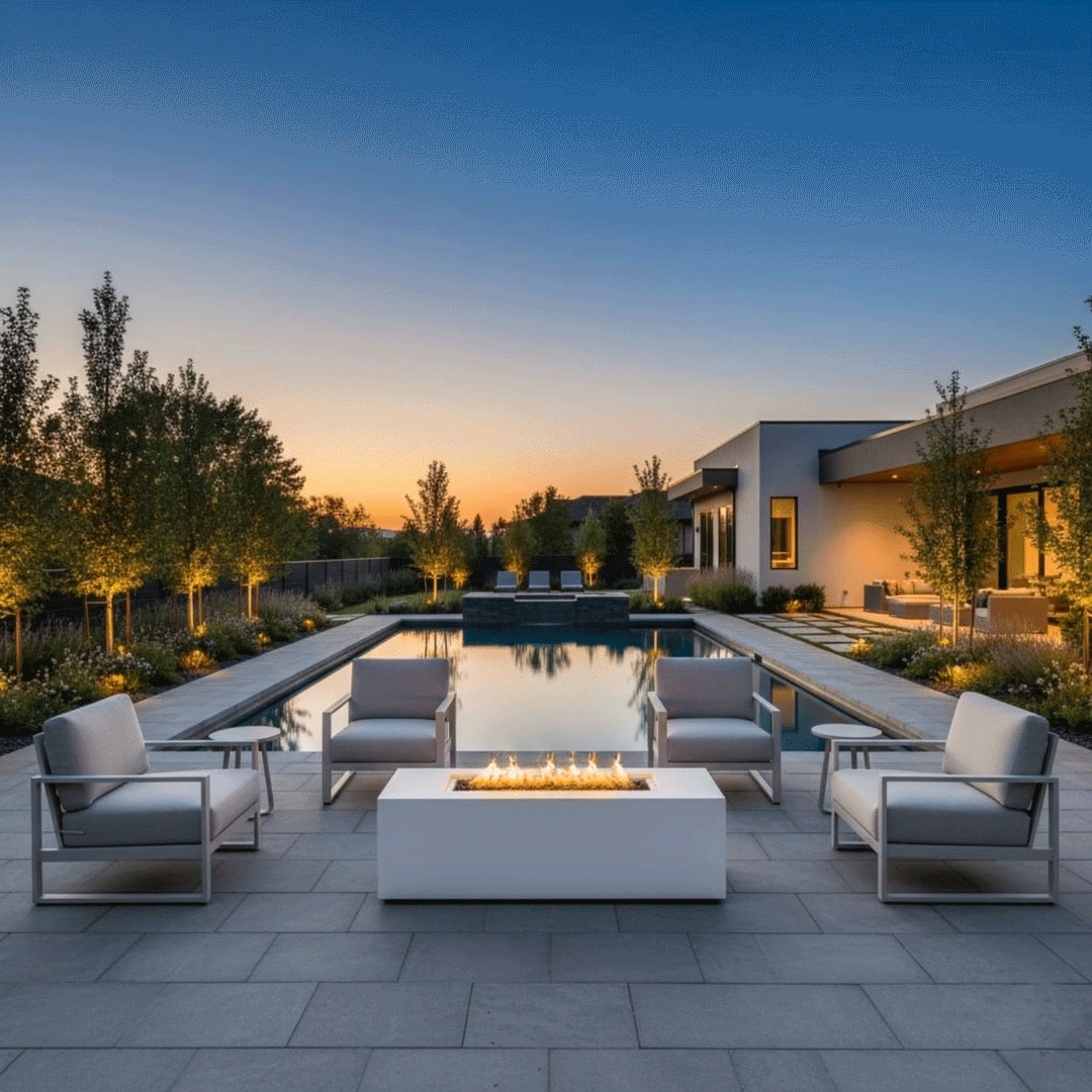 A modern outdoor fire pit in a crisp white finish serves as the centerpiece of a symmetrical patio arrangement. Four grey armchairs surround the rectangular fire pit, positioned before a swimming pool during a golden sunset. The steady flames of this modern fire pit illuminate the stone pavers, creating a welcoming atmosphere for a patio fire pit setup in a contemporary backyard.