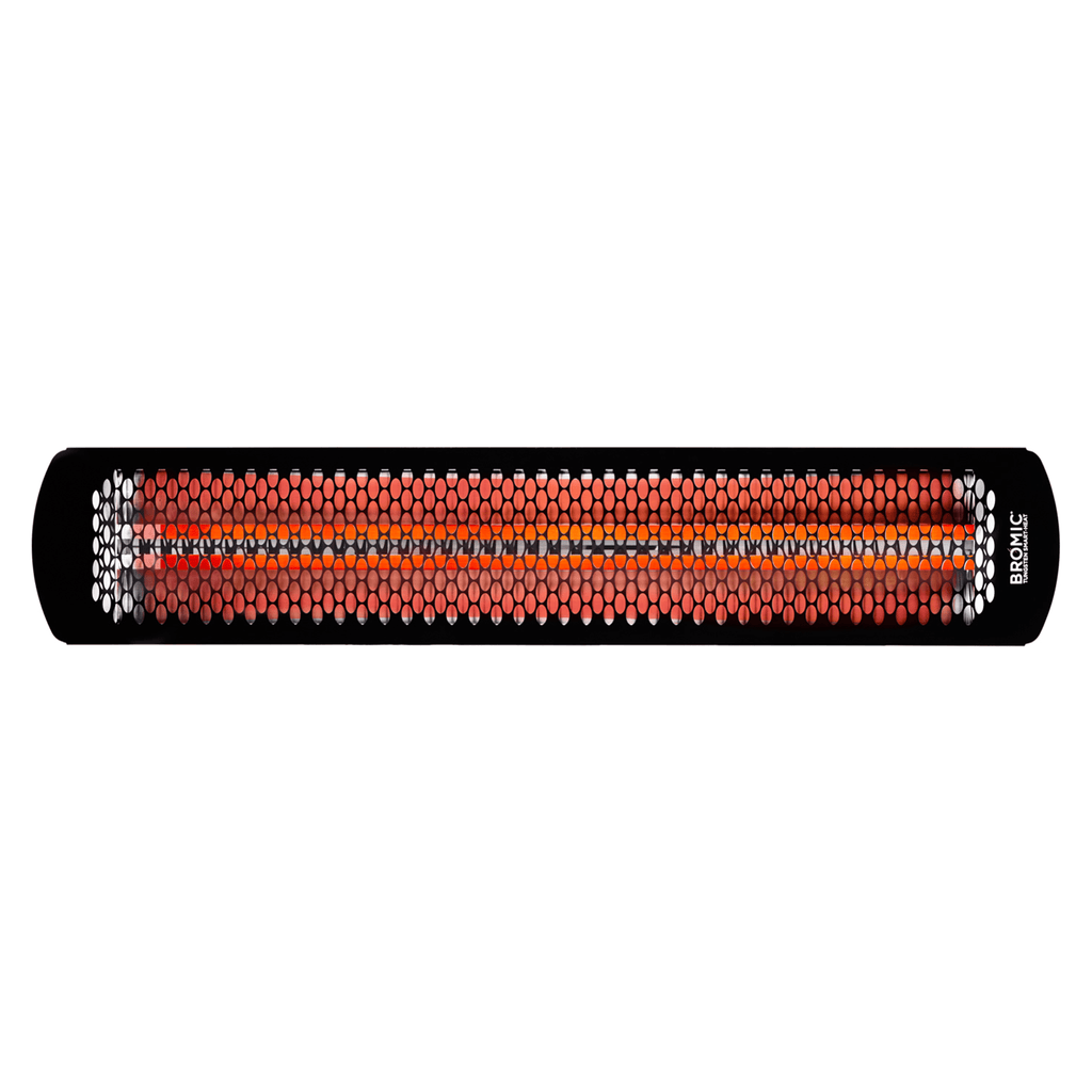 Full front-facing image of the Bromic Tungsten Electric Smart-Heat Heater in Black, displaying the heater’s long radiant element and elegant slimline design ideal for modern patios, restaurants, and outdoor entertainment spaces.